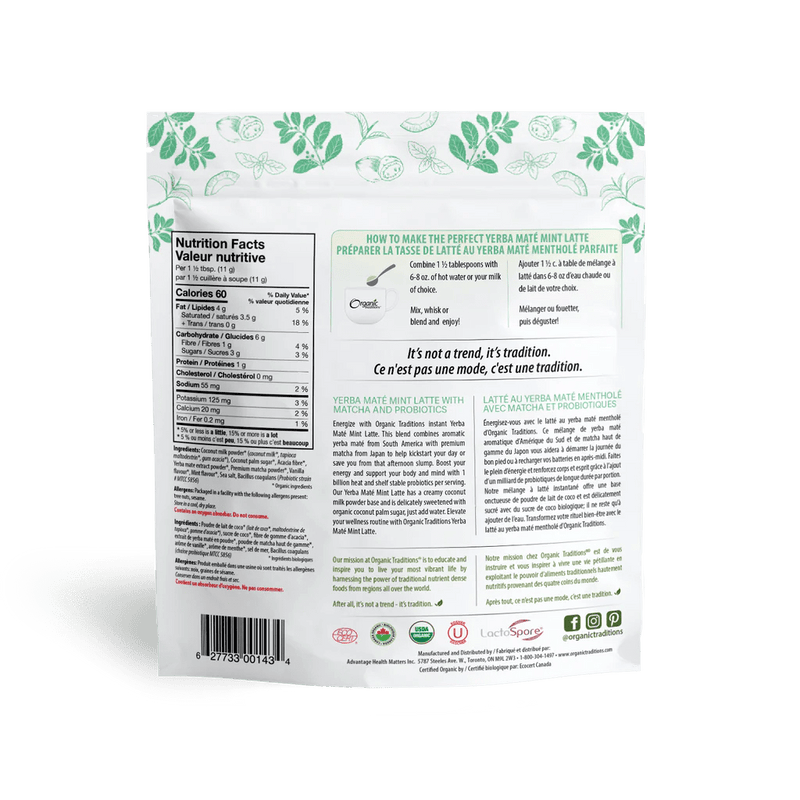 Organic Traditions Yerba Mate Mint Latte with Matcha and Probiotics
